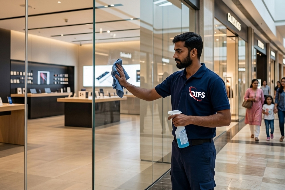 OIFS facade and high-rise glass cleaning technician at work